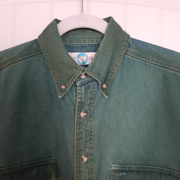 Vintage World Island Denim Button Up Short Sleeve Shirt with Green Dye Size L - Picture 5 of 15